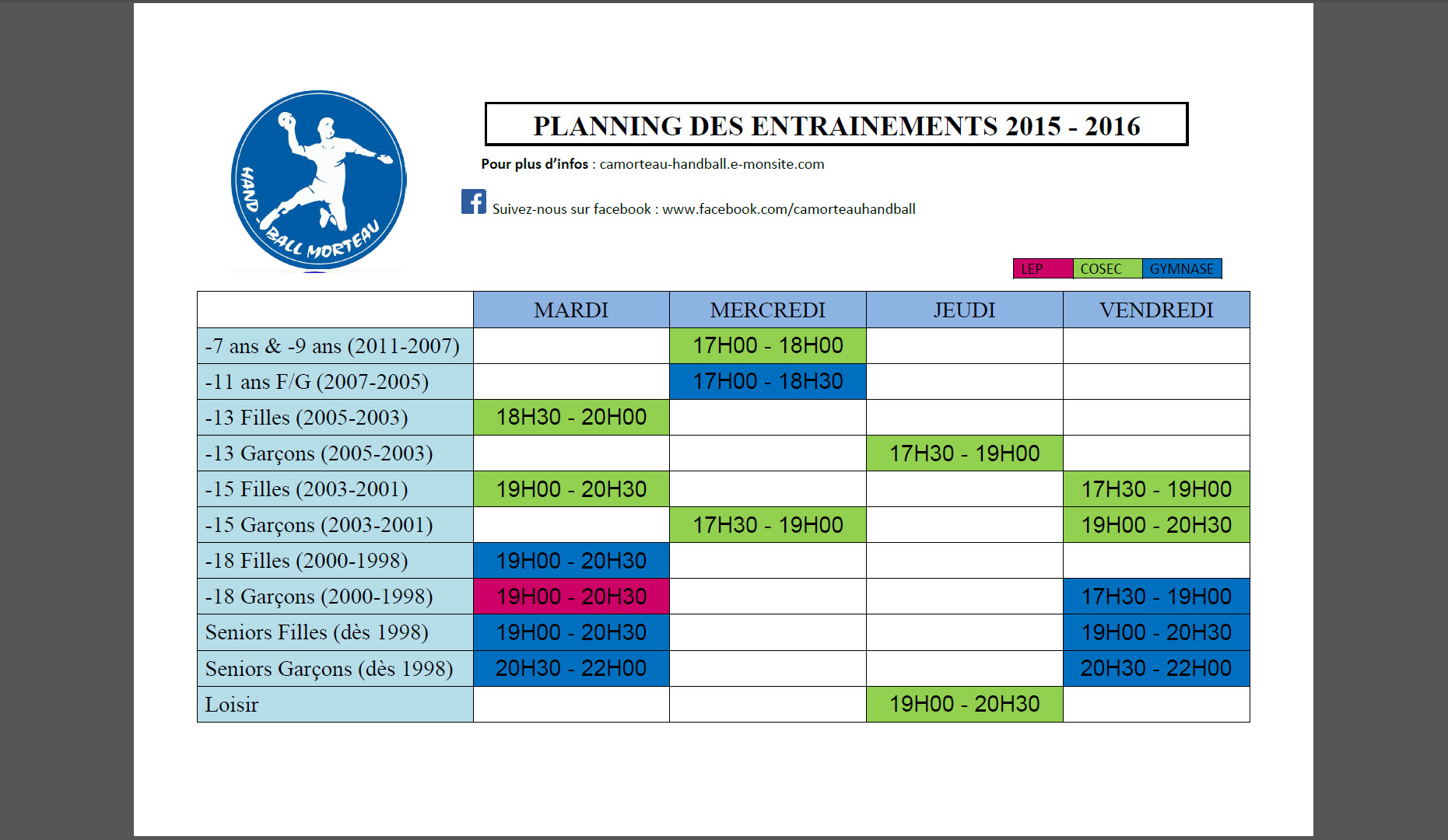 070915 planning entrainements 2015 2016