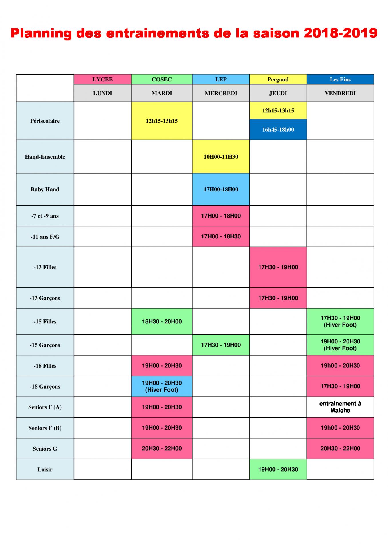 Planning des entrainement 2018 2019 1