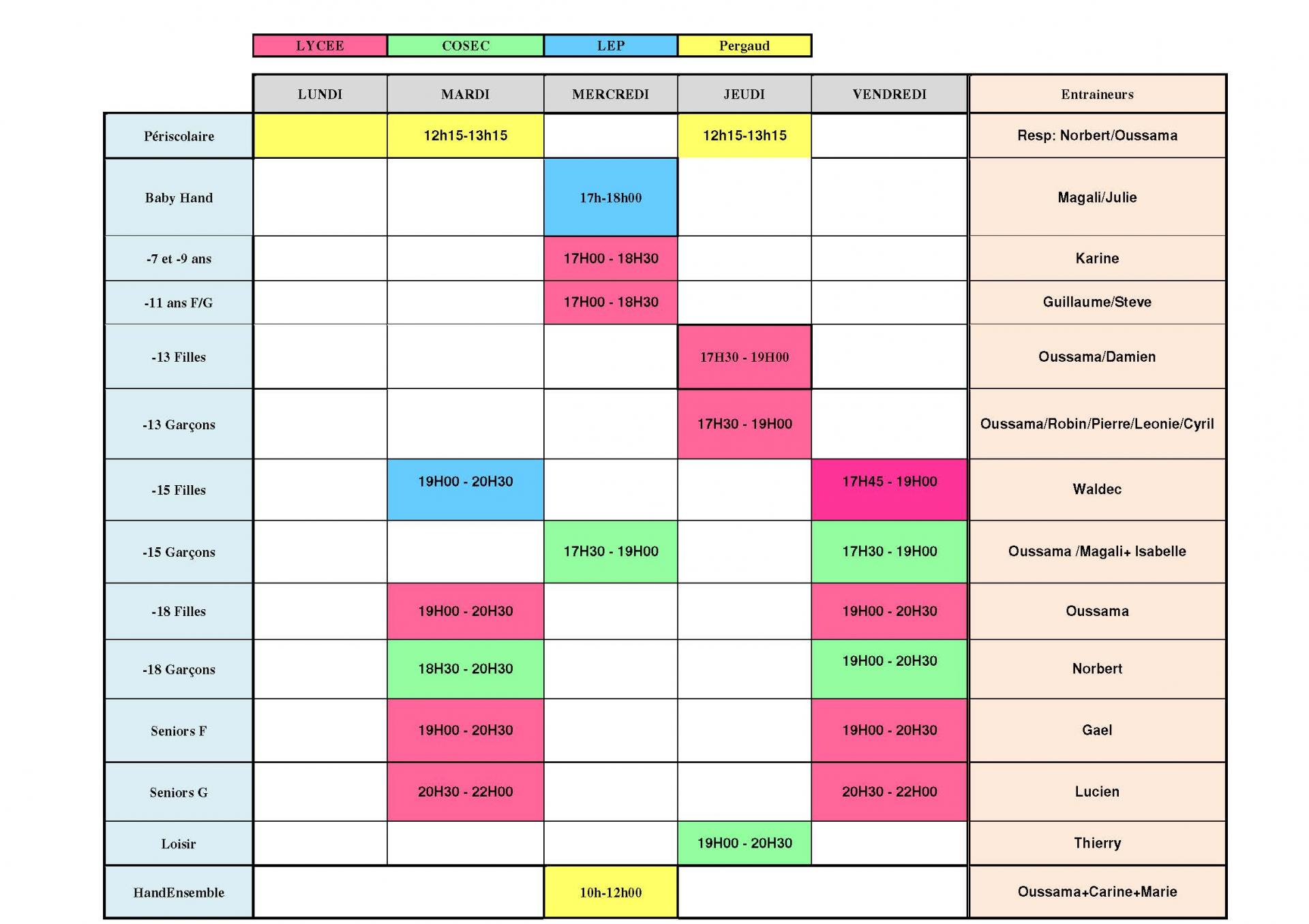 Planning des entrainements 2019 2020