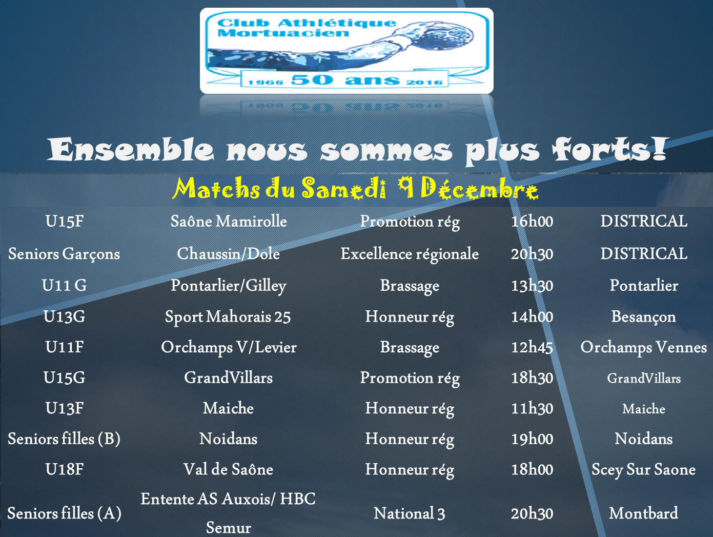 Programme des matchs du 9 decembre
