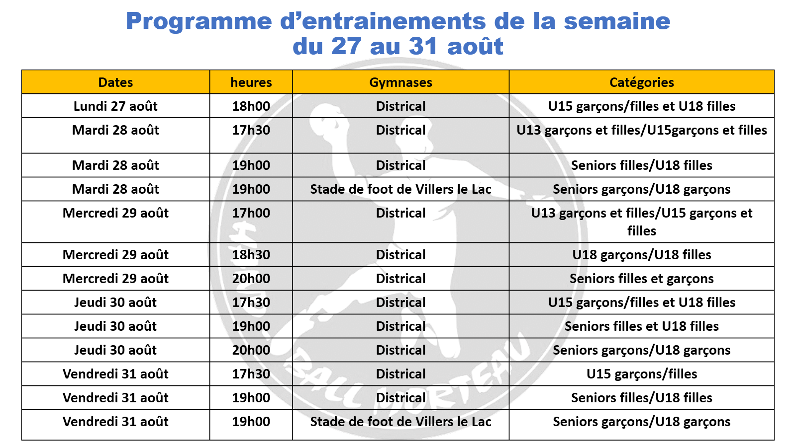 Programme semaine du 27 au 31 aou t