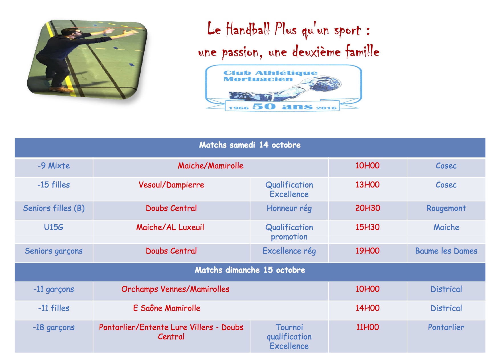 Programmes des matchs 14 15 octobre